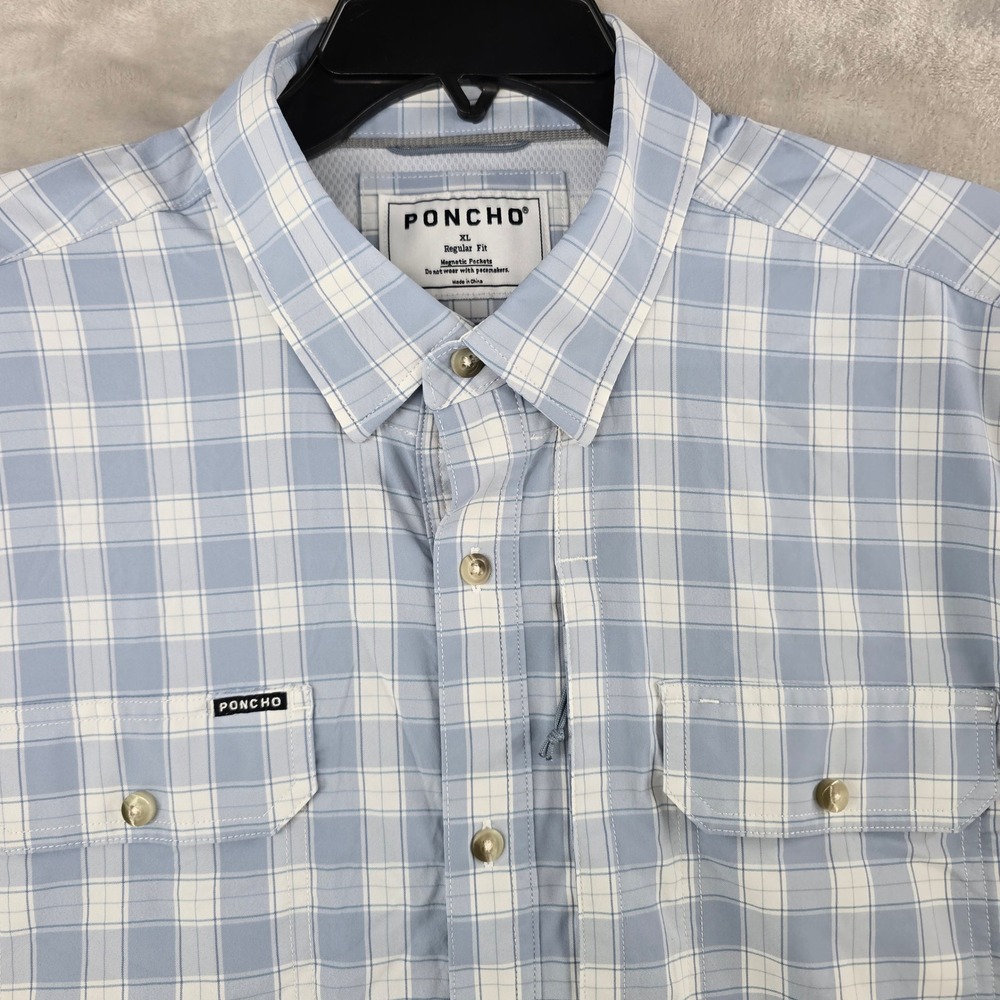 Poncho Shirt Mens XL Blue Plaid Short Sleeve Magnetic Pockets Regular Outdoor*